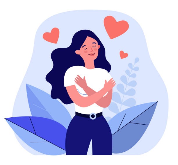 Happy woman hugging herself. Positive lady expressing self love and care. Vector illustration for love yourself, body positive, confidence concept